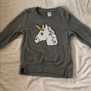 Girls Unicorn sequence “flippy” grey sweatshirt.